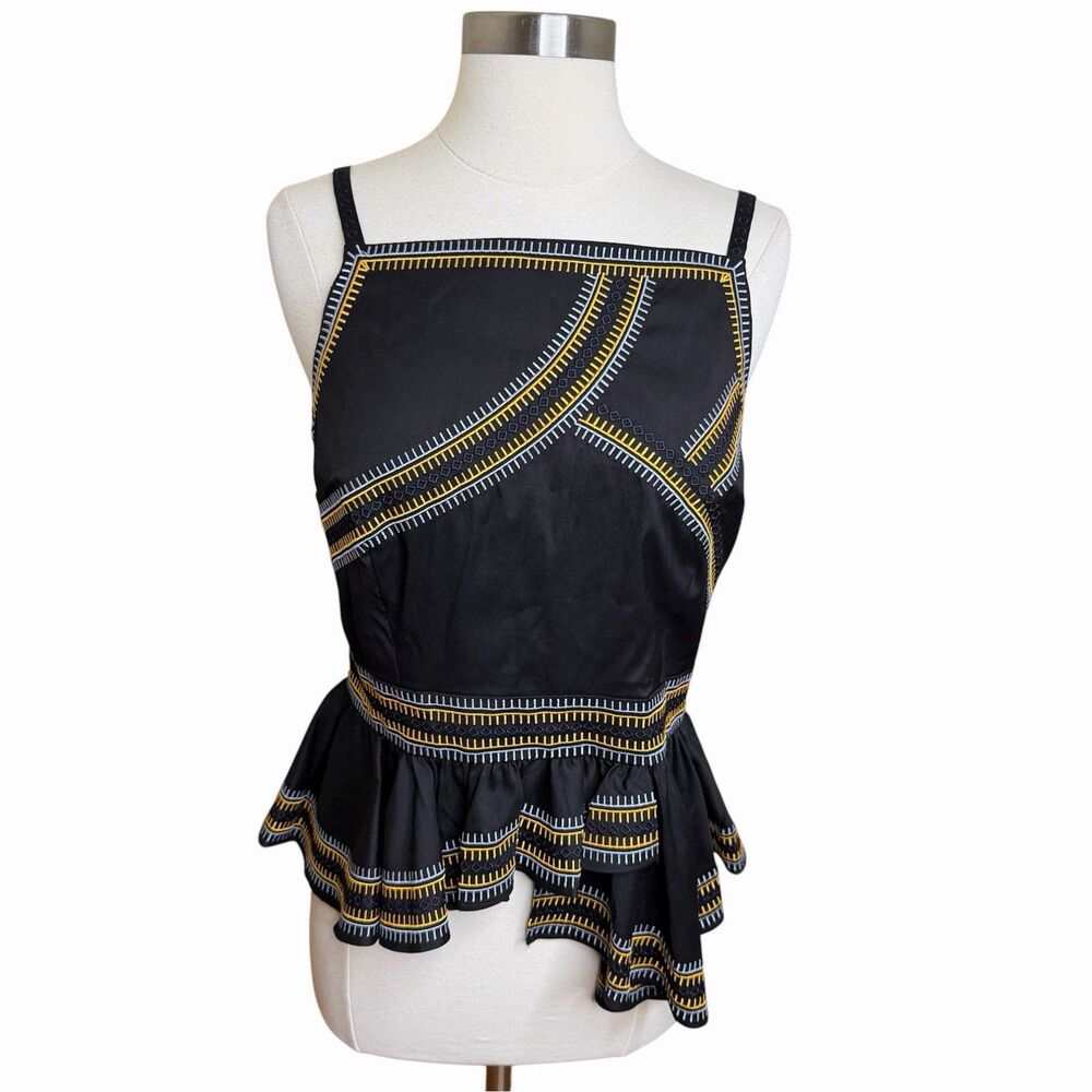 White House Black Market Embroidered Peplum Tank Top Size 8 Black Geometric